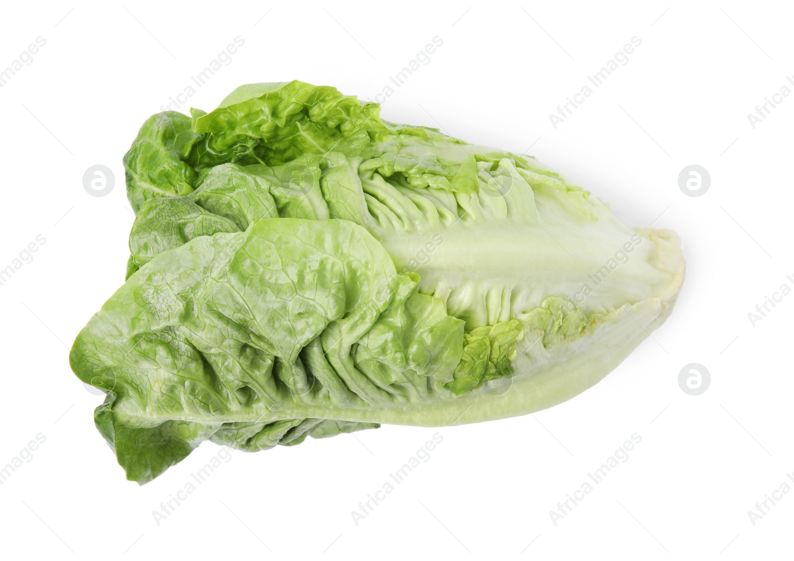 Photo of Fresh green romaine lettuce isolated on white, top view