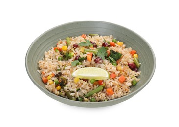 Photo of Tasty fried rice with vegetables isolated on white
