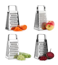 Image of Set with stainless steel graters and fresh products on white background 