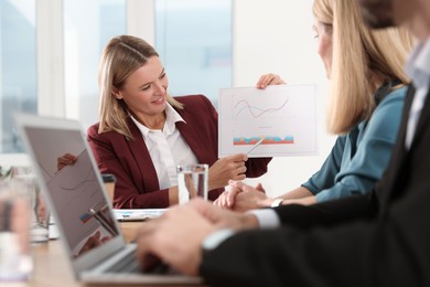 Businesswoman showing chart on meeting in office
