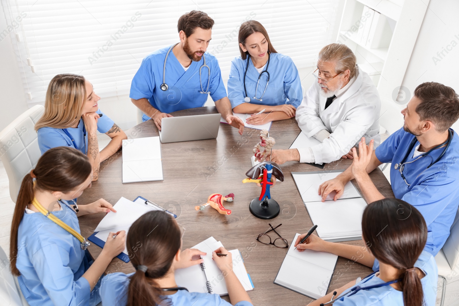 Photo of Doctor and interns on lecture in university, above view