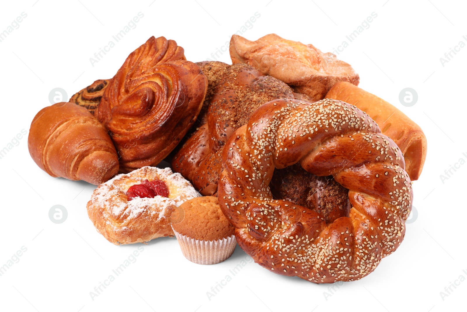 Photo of Many different tasty pastries isolated on white