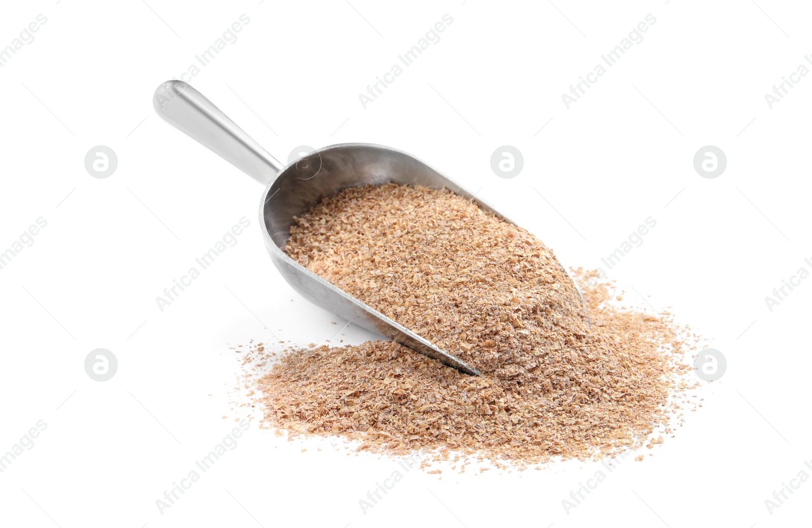 Photo of Metal scoop with wheat bran on white background
