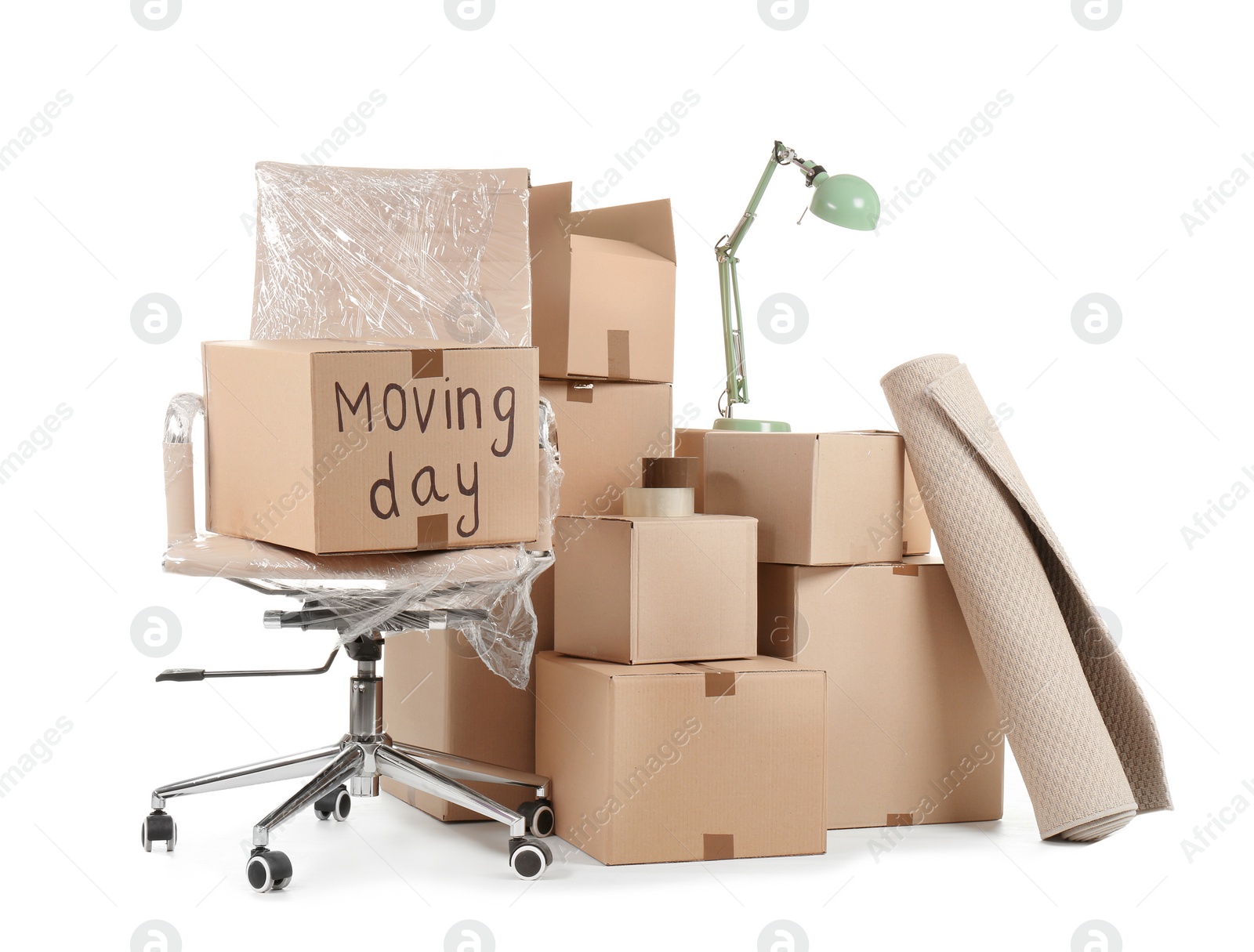 Photo of Cardboard boxes and household stuff on white background. Moving day