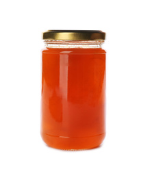 Photo of Glass jar with peach jam isolated on white. Pickling and preservation