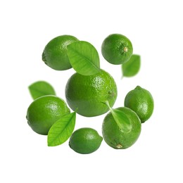 Image of Fresh lime fruits and green leaves falling on white background