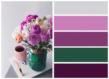 Image of Color palette appropriate to photo of beautiful ranunculuses on table in room