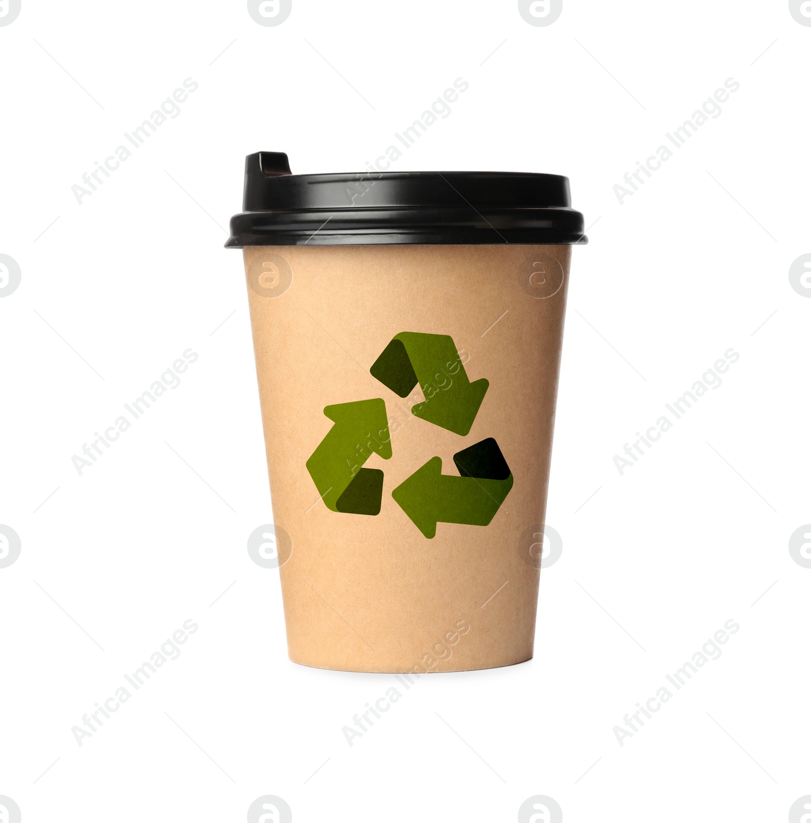 Image of Takeaway paper coffee cup with recycling symbol on white background