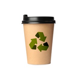 Image of Takeaway paper coffee cup with recycling symbol on white background