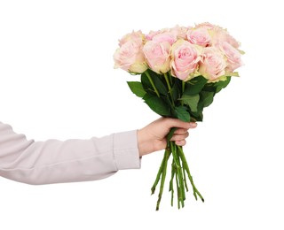 Photo of Woman holding bouquet of beautiful rose flowers on white background, closeup. Happy birthday