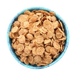 Photo of Bowl with wheat flakes on white background. Healthy grains and cereals