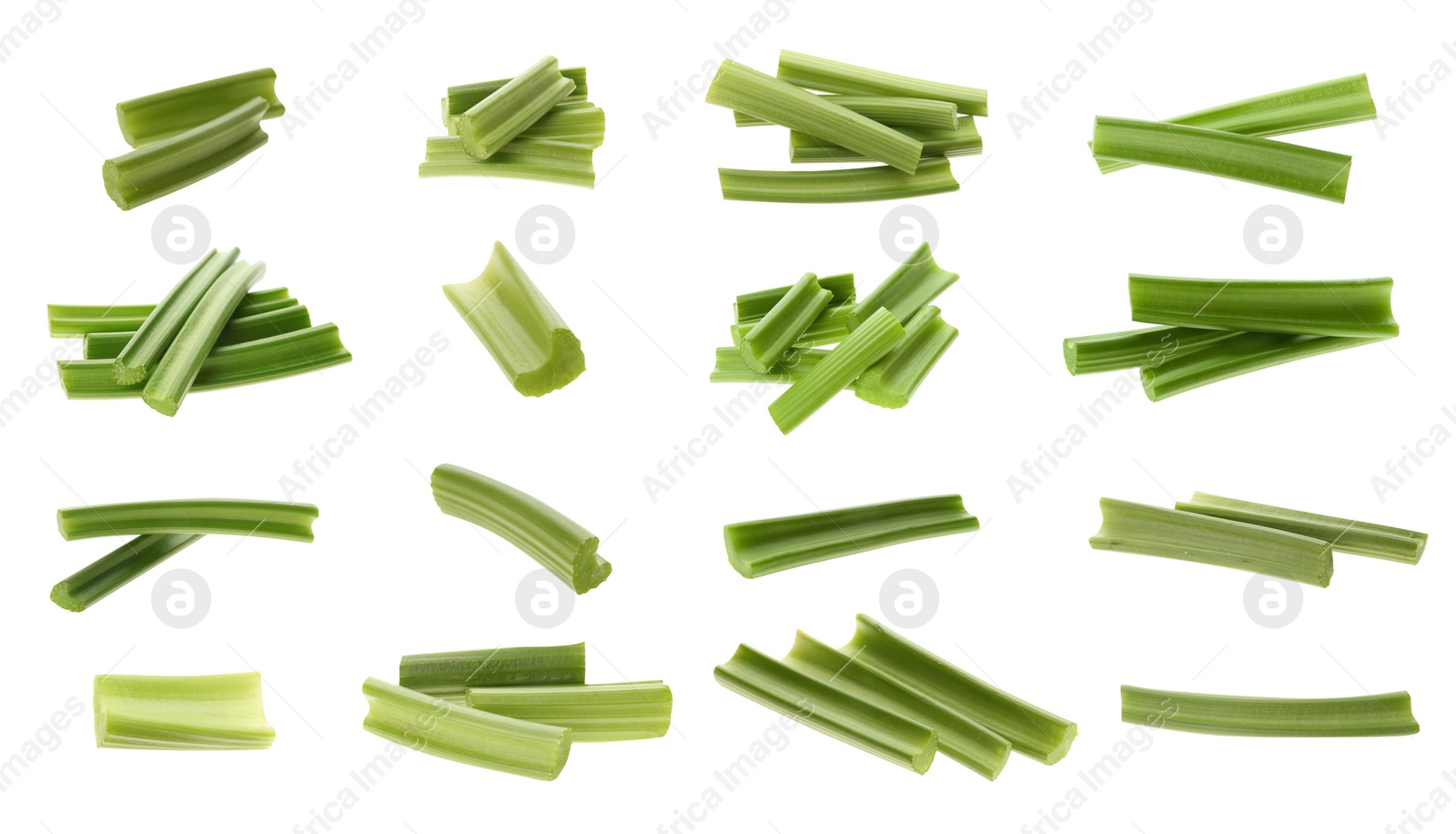 Image of Collage with fresh green celery on white background