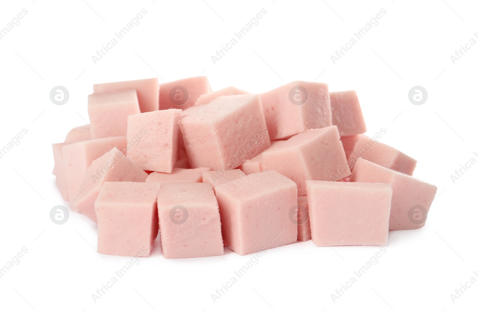 Photo of Cubes of tasty boiled sausage on white background