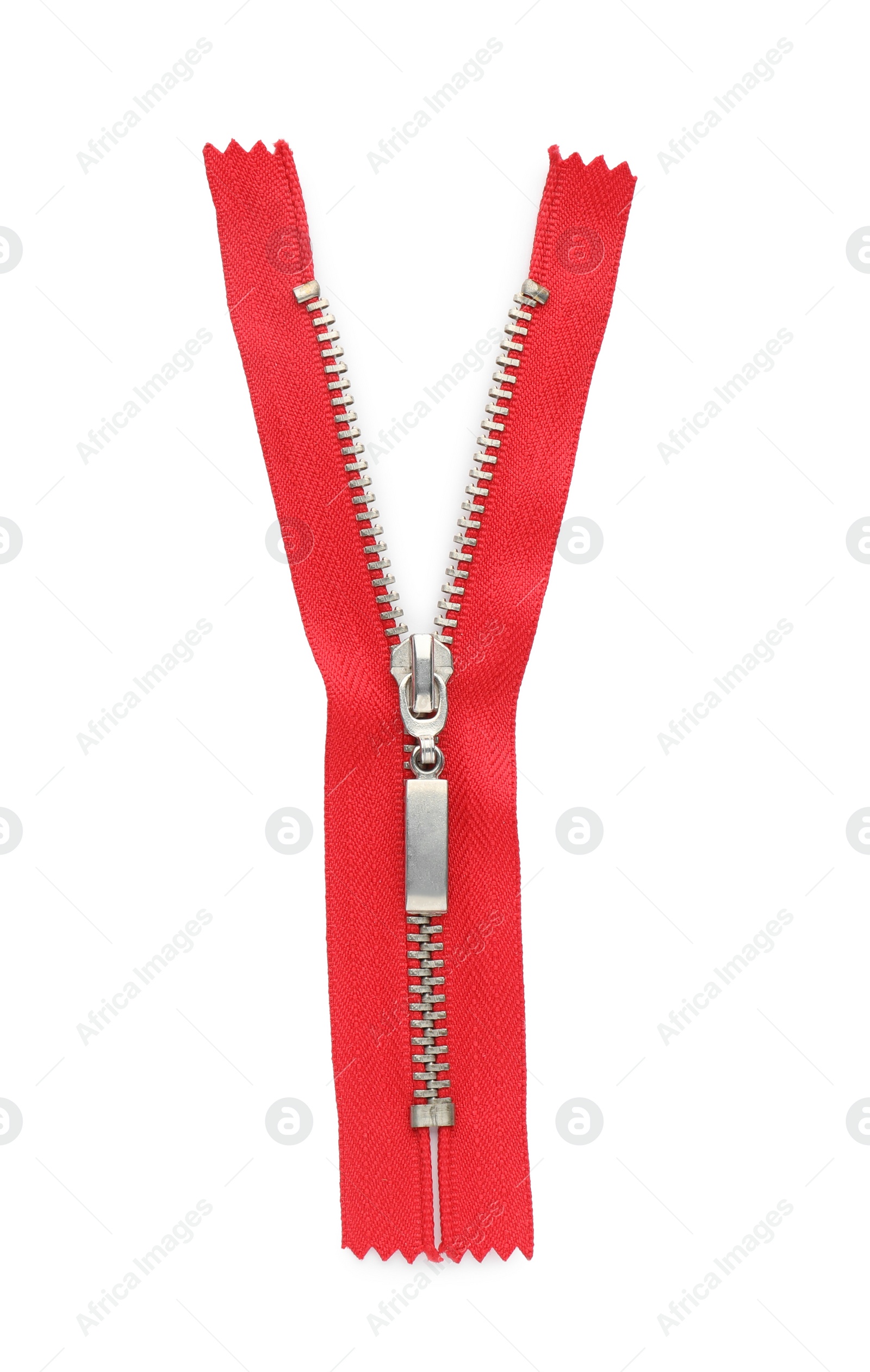 Photo of Red zipper isolated on white, top view