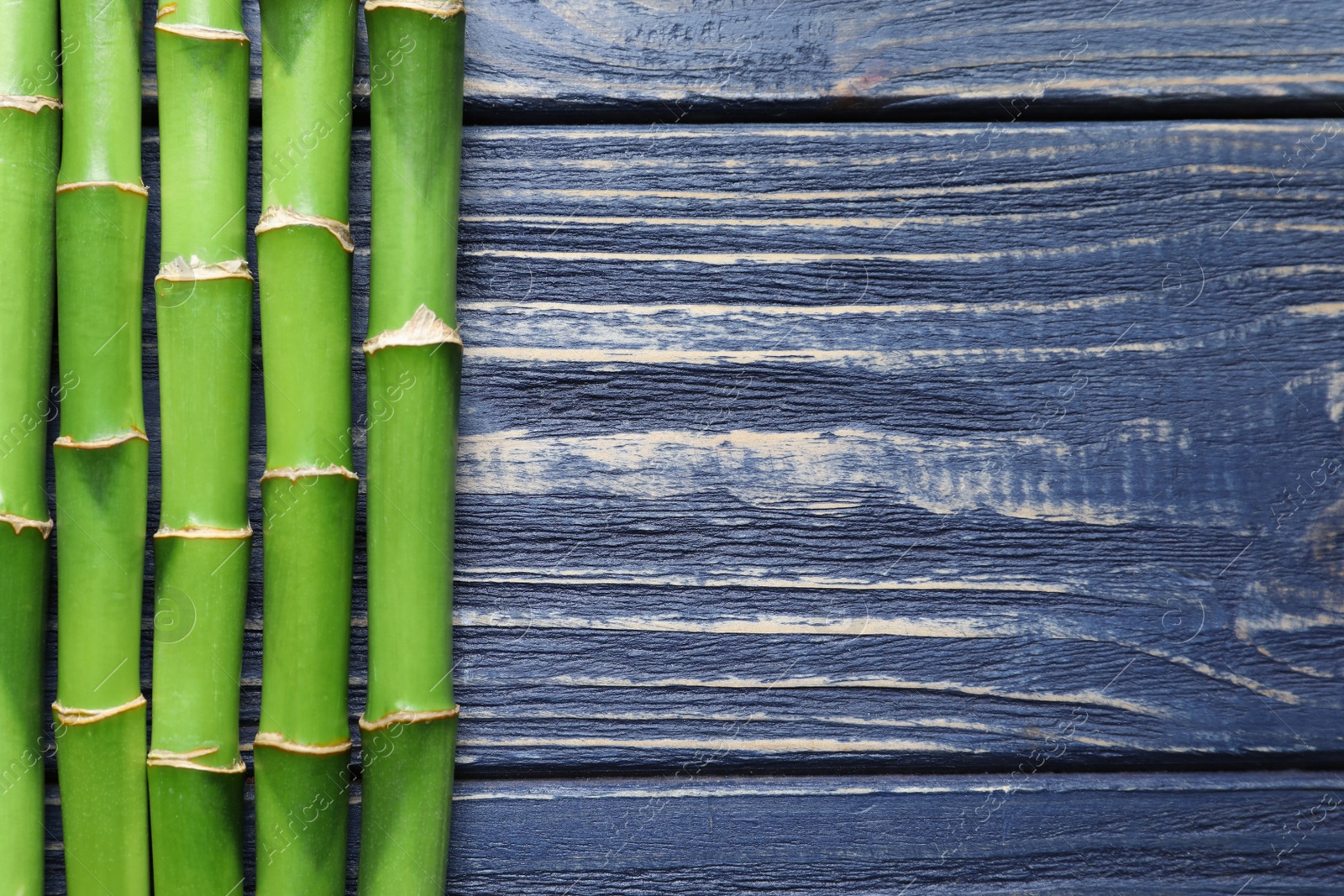 Photo of Green bamboo stems and space for text on wooden background, top view