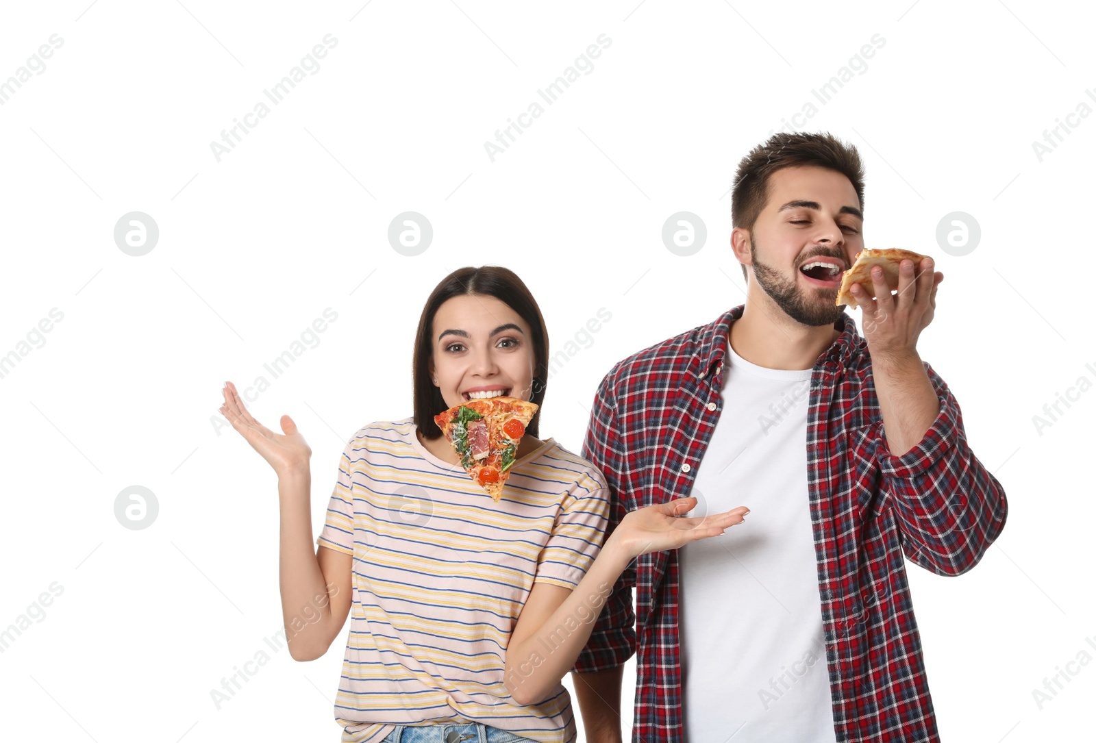 Photo of Happy couple with pizza isolated on white