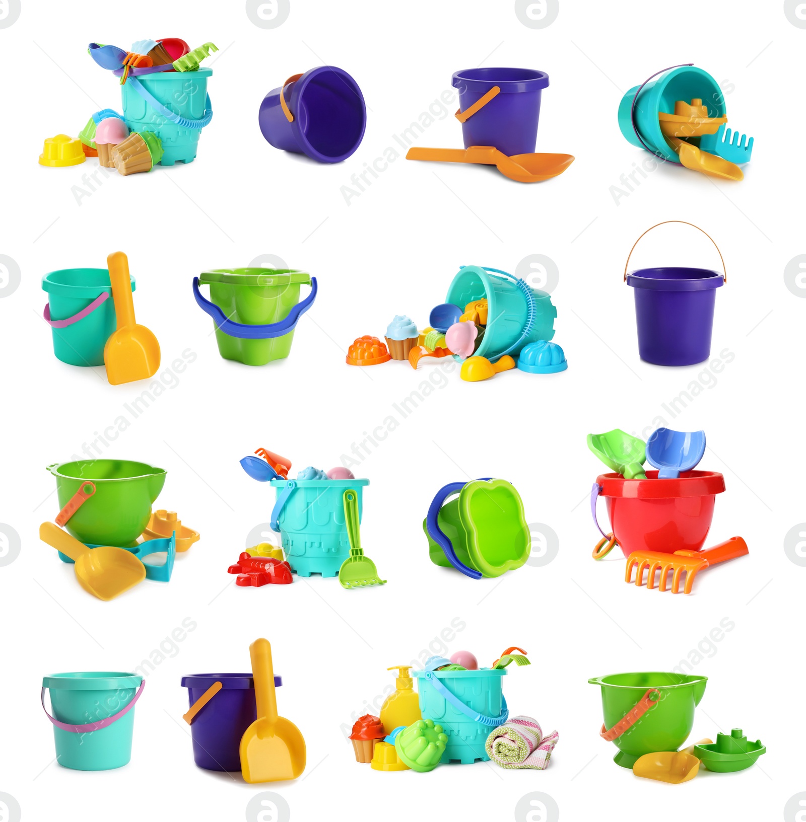 Image of Set of different plastic beach toys on white background 