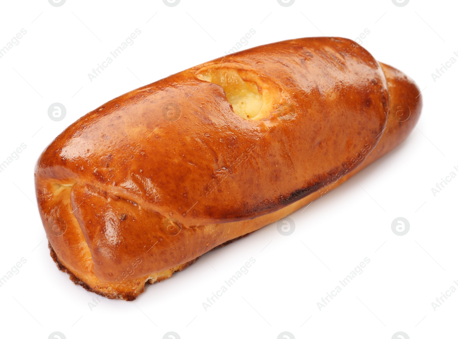 Photo of One delicious baked patty with filling on white background