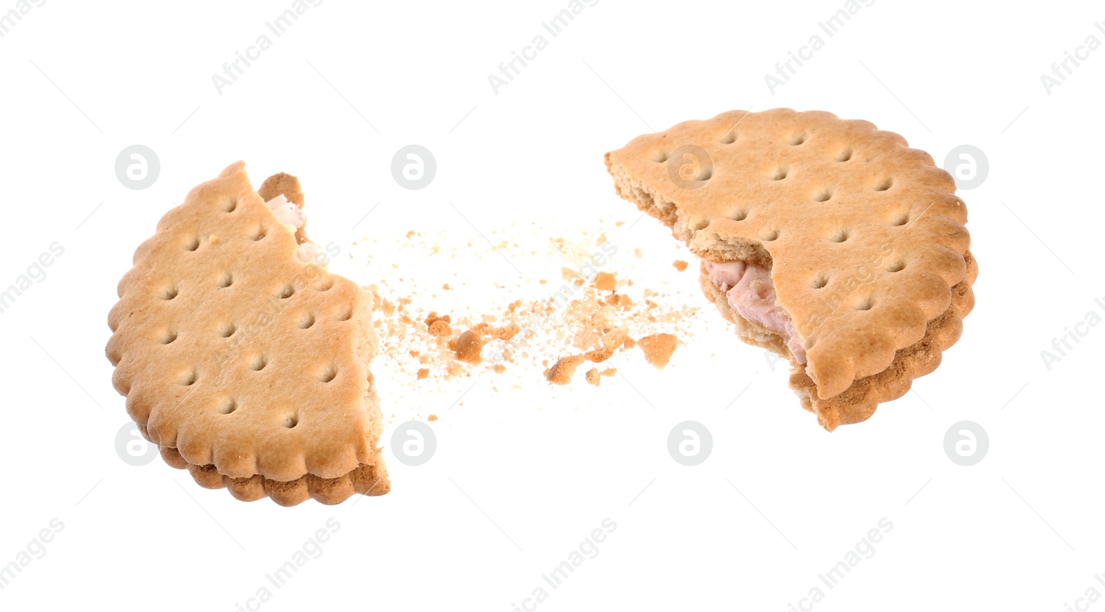 Photo of Broken tasty sandwich cookie with cream on white background