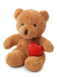 Photo of Cute teddy bear with red heart isolated on white. Valentine's day celebration