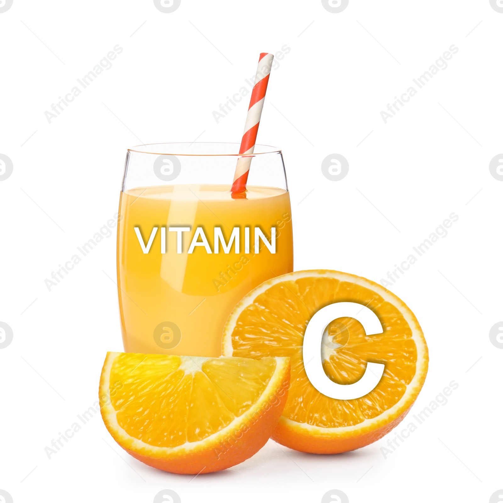 Image of Source of Vitamin C. Glass of orange juice and fresh fruits on white background