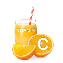 Image of Source of Vitamin C. Glass of orange juice and fresh fruits on white background