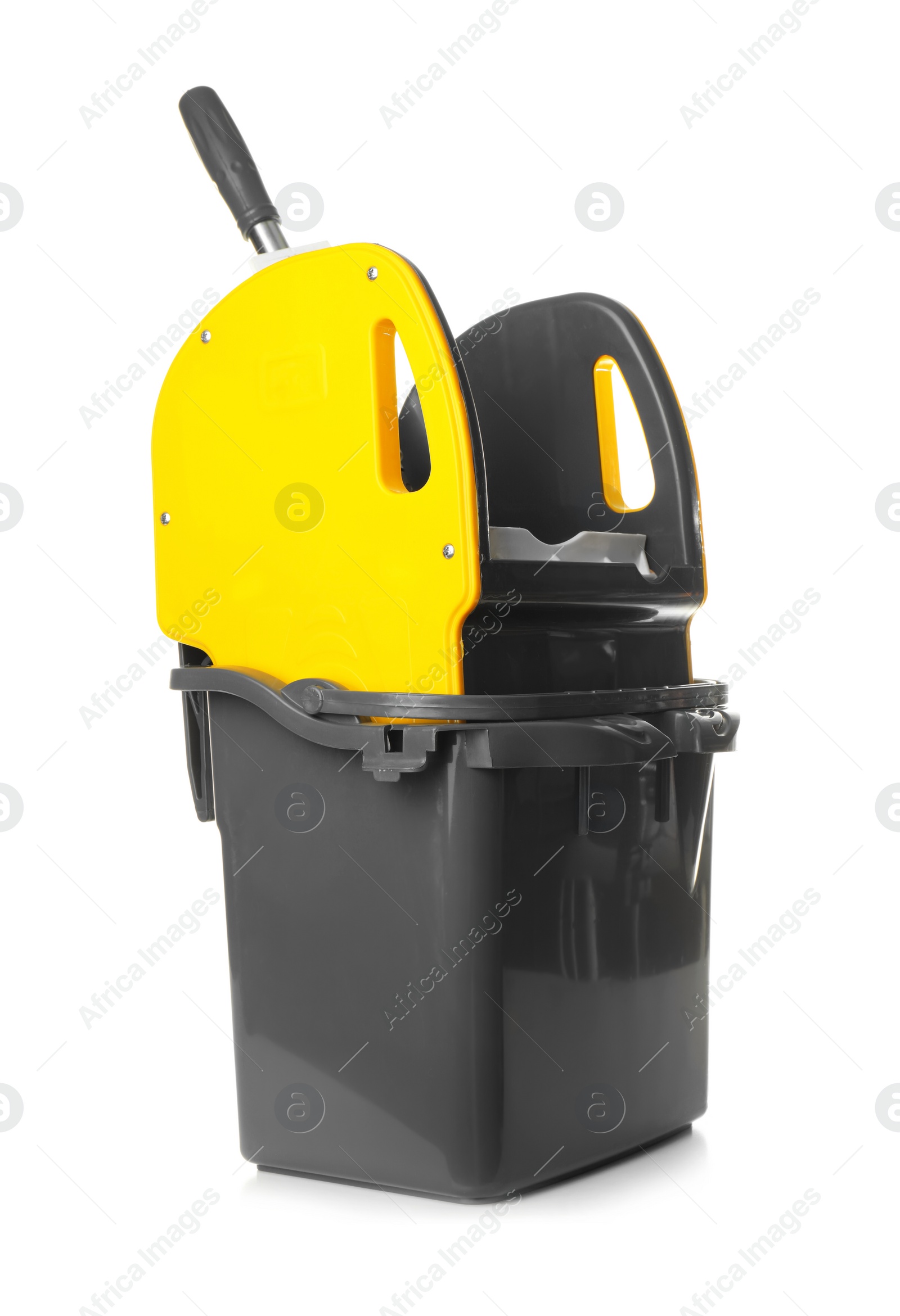 Photo of Empty mop bucket for cleaning on white background