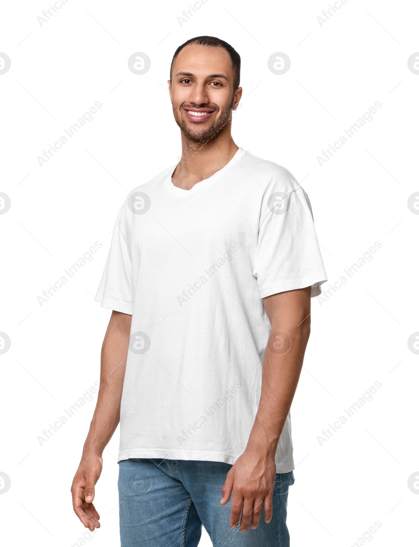 Photo of Man wearing stylish t-shirt on white background