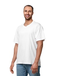 Man wearing stylish t-shirt on white background