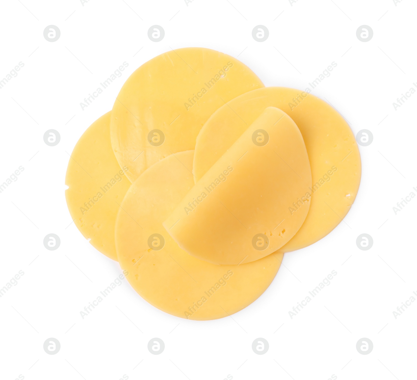 Photo of Slices of tasty fresh cheese isolated on white, top view