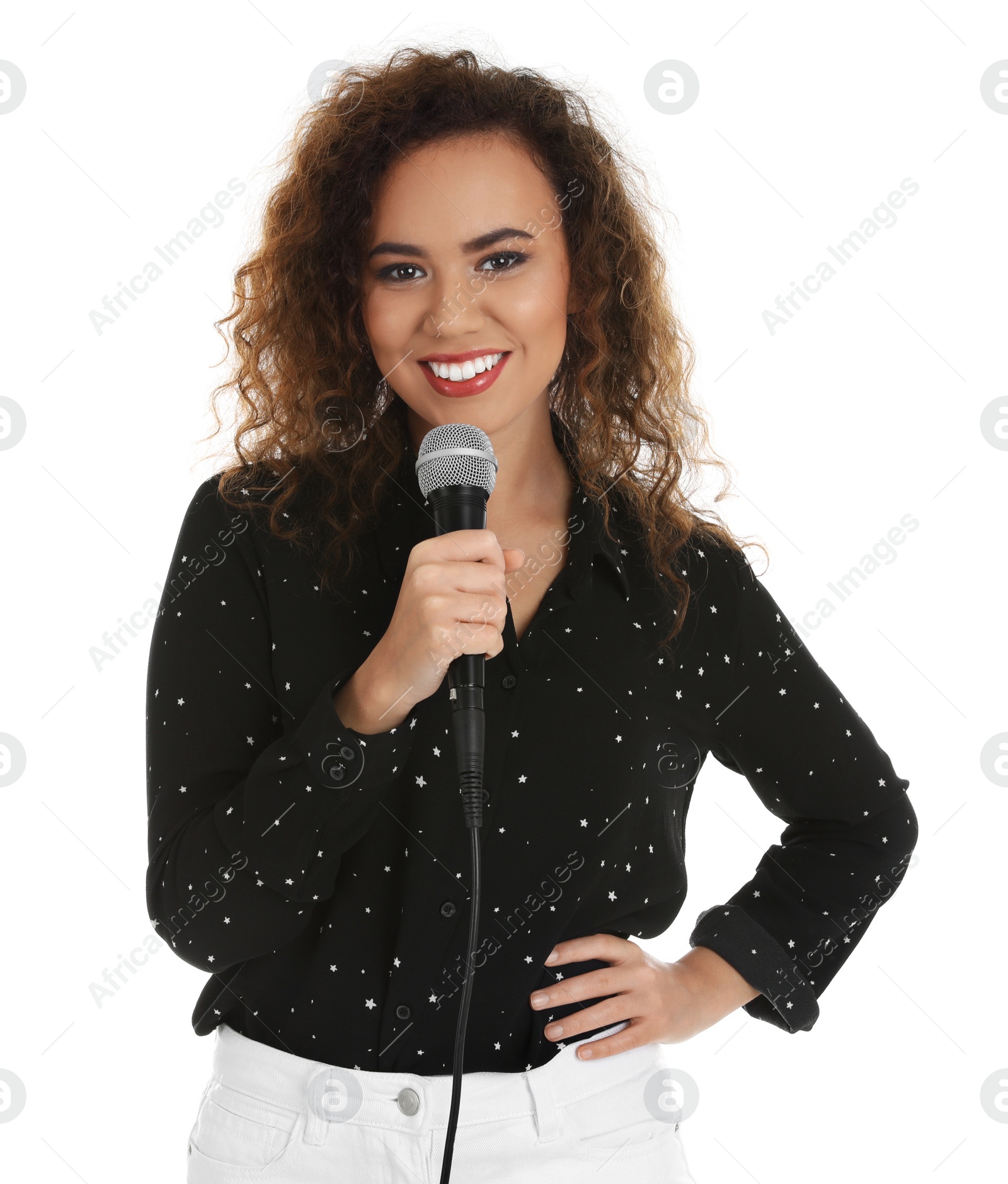 Photo of Curly African-American woman posing with microphone on white background