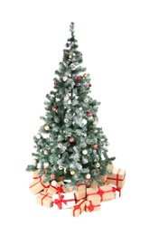 Beautiful Christmas tree with gifts on white background. Celebration time