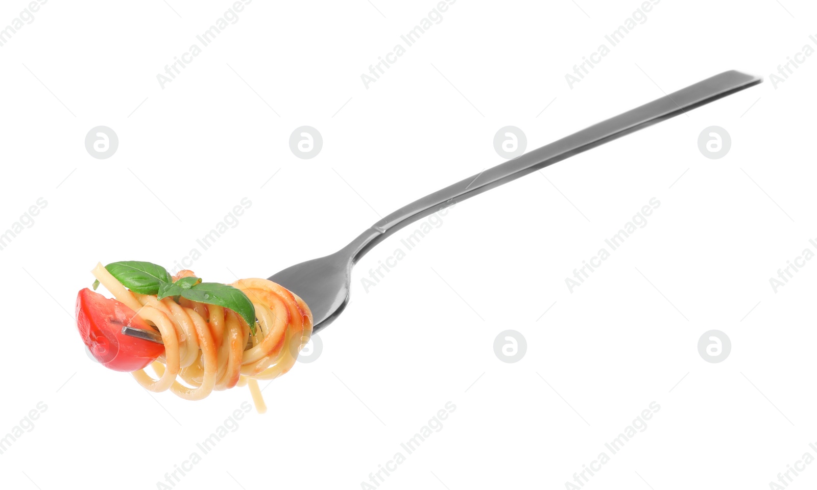 Photo of Fork with tasty pasta, tomato sauce and basil isolated on white