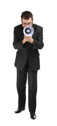 Photo of Businessman with megaphone on white background