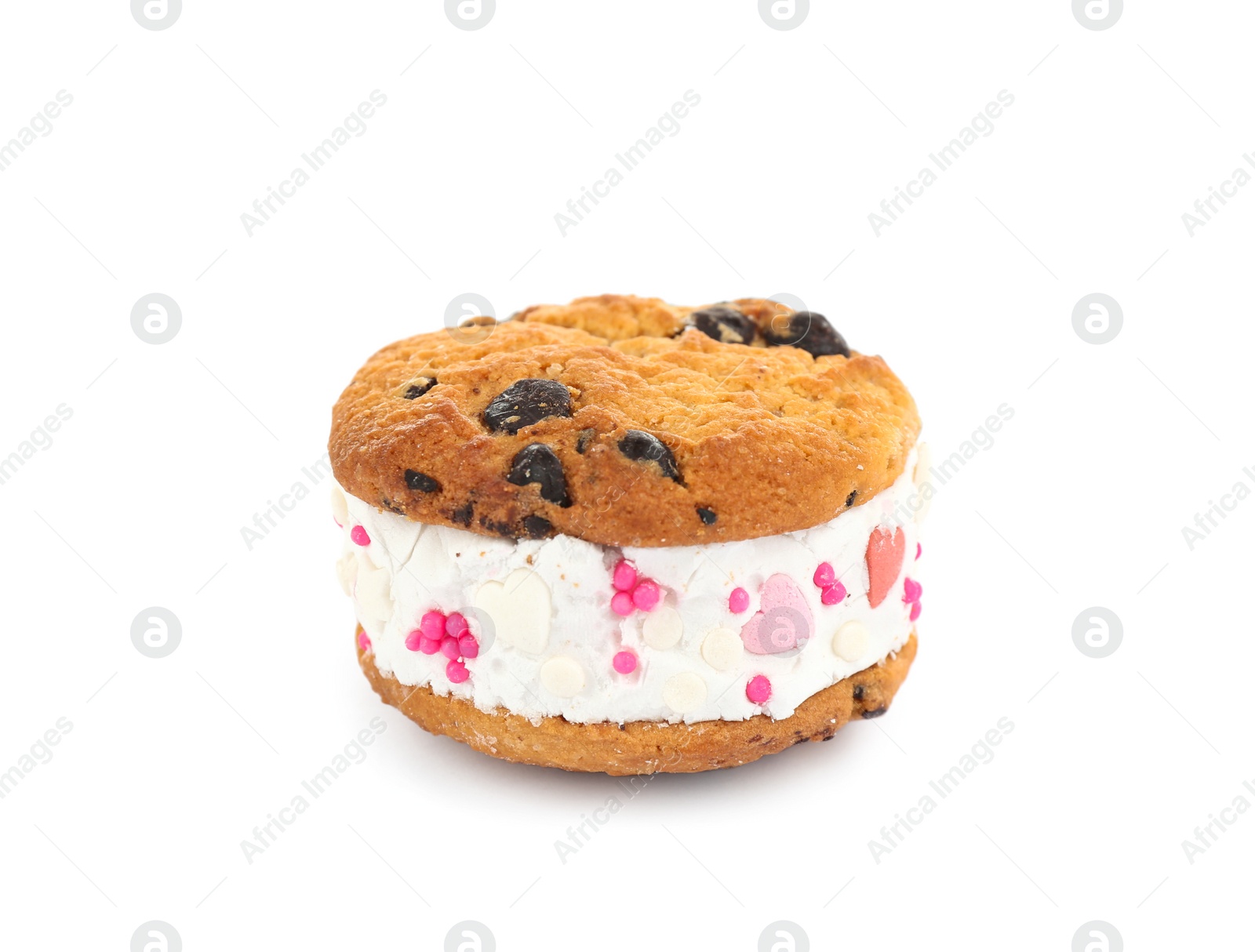 Photo of Sweet delicious ice cream cookie sandwich isolated on white