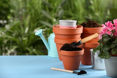 Photo of Pots, gardening tools, soil and beautiful flower on light blue wooden table outdoors. Space for text