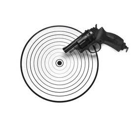 Photo of Shooting target and handgun isolated on white, top view