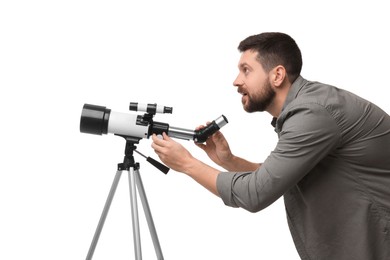 Focused astronomer with telescope on white background