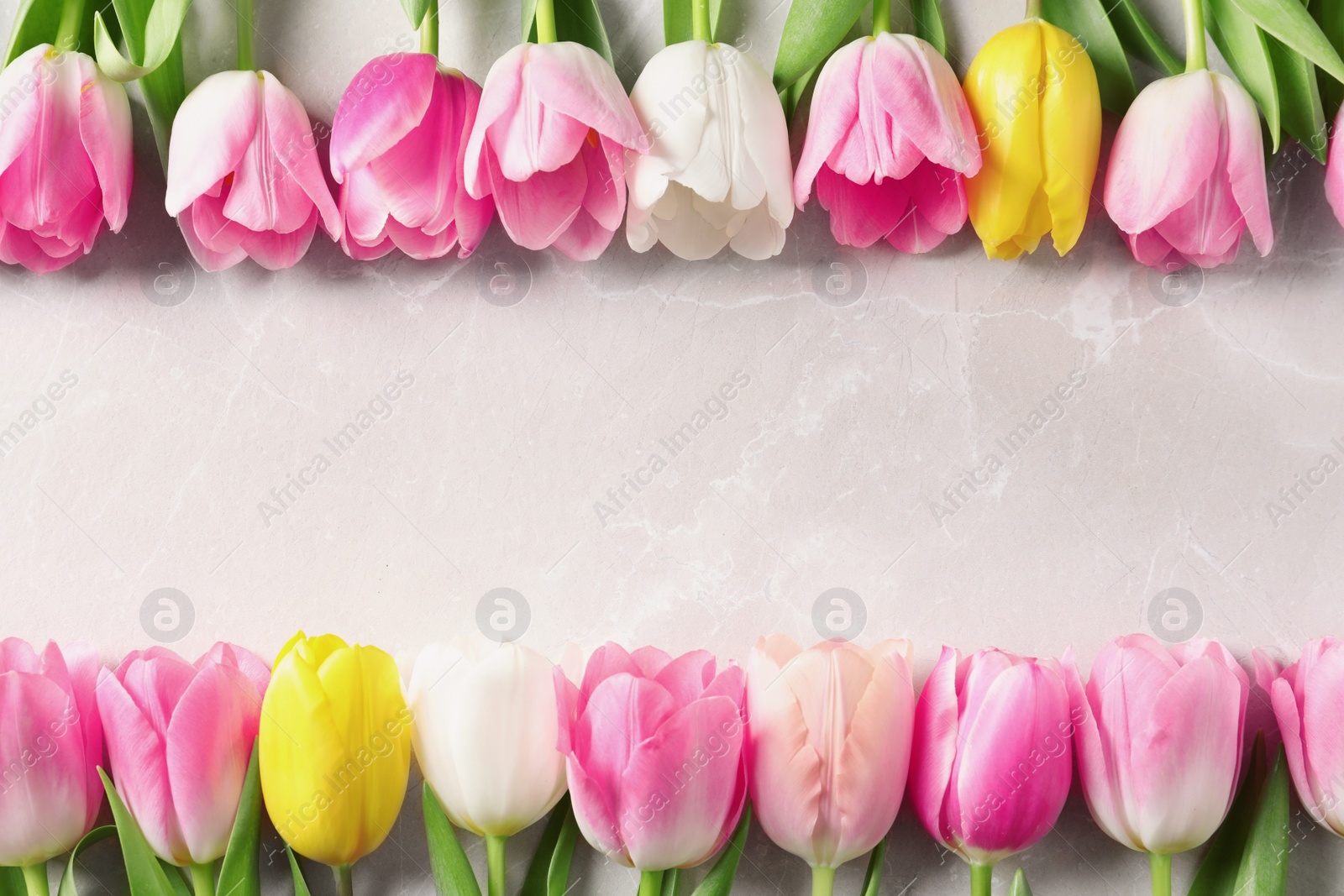 Photo of Flat lay composition of beautiful tulips  on marble background, space for text. International Women's Day