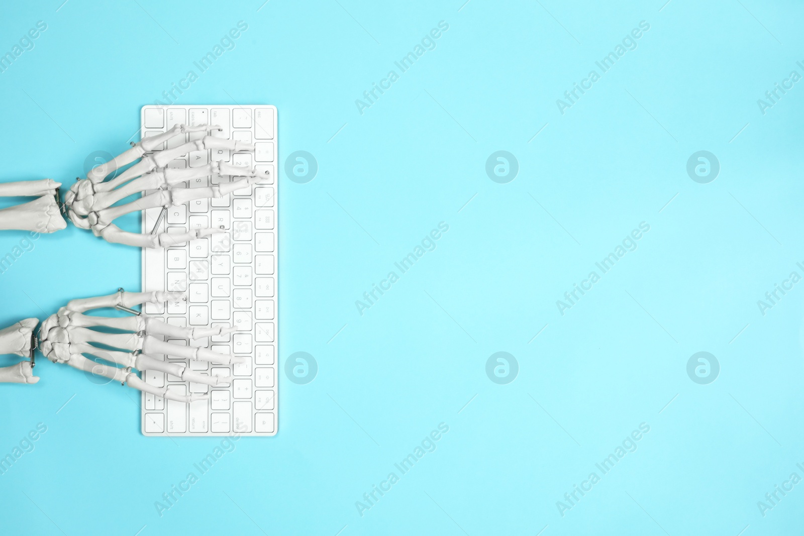Photo of Human skeleton using computer keyboard on light blue background, top view. Space for text