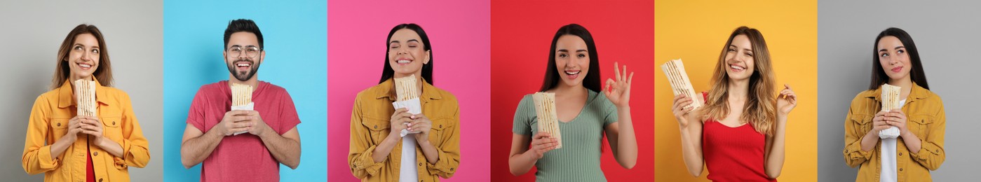 Collage with photos of happy people with tasty shawarmas on different color backgrounds. Banner design