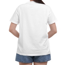 Woman in stylish t-shirt on white background, back view