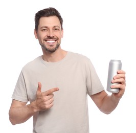 Photo of Happy man holding tin can with beverage on white background