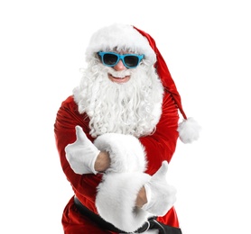 Authentic Santa Claus wearing sunglasses on white background