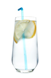 Photo of Glass of water with lemon and straw on white background. Refreshing drink