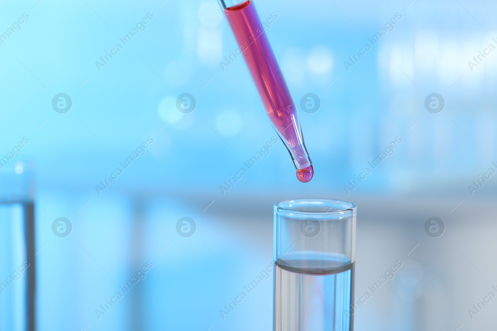 Photo of Dripping liquid from pipette into test tube on light background, closeup