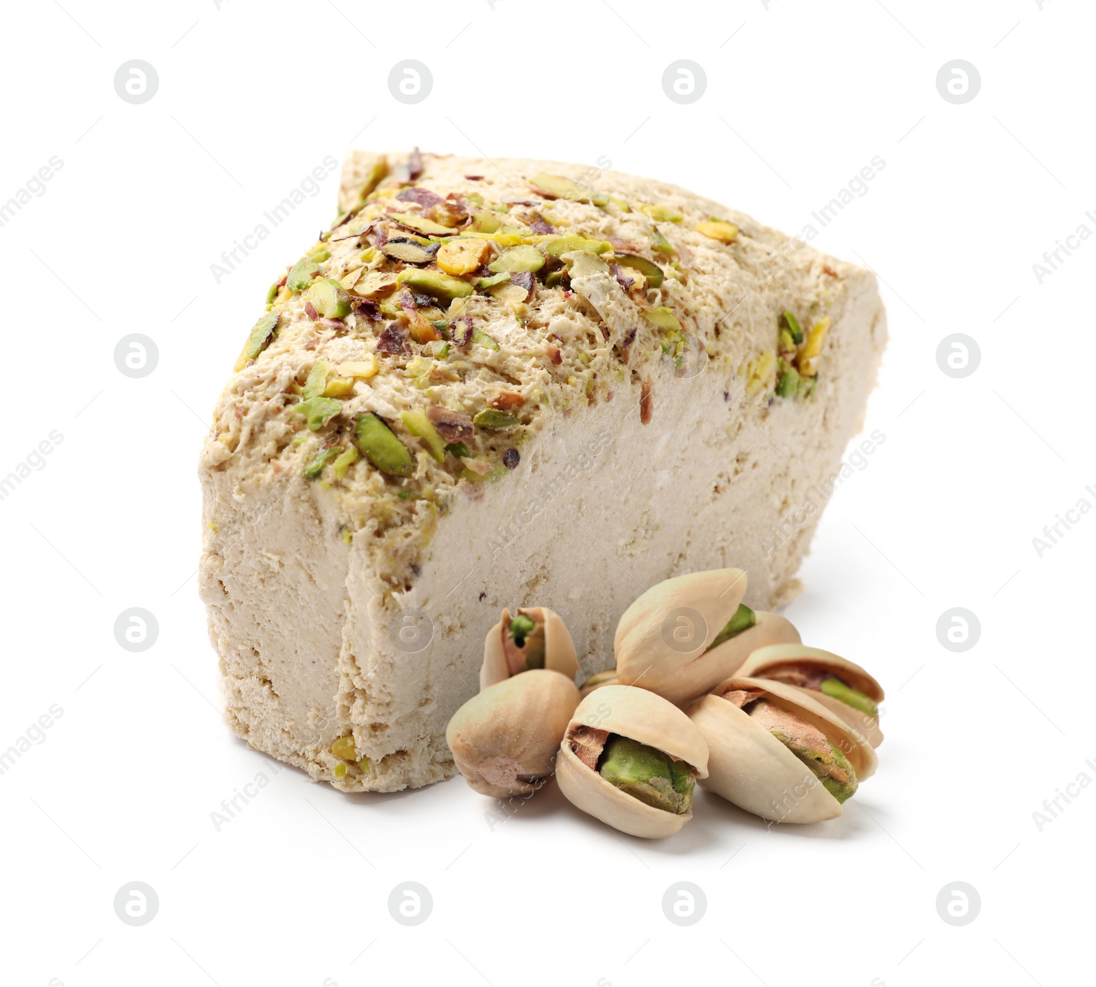 Image of Tasty halva and pistachio nuts isolated on white