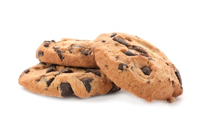 Tasty chocolate cookies on white background