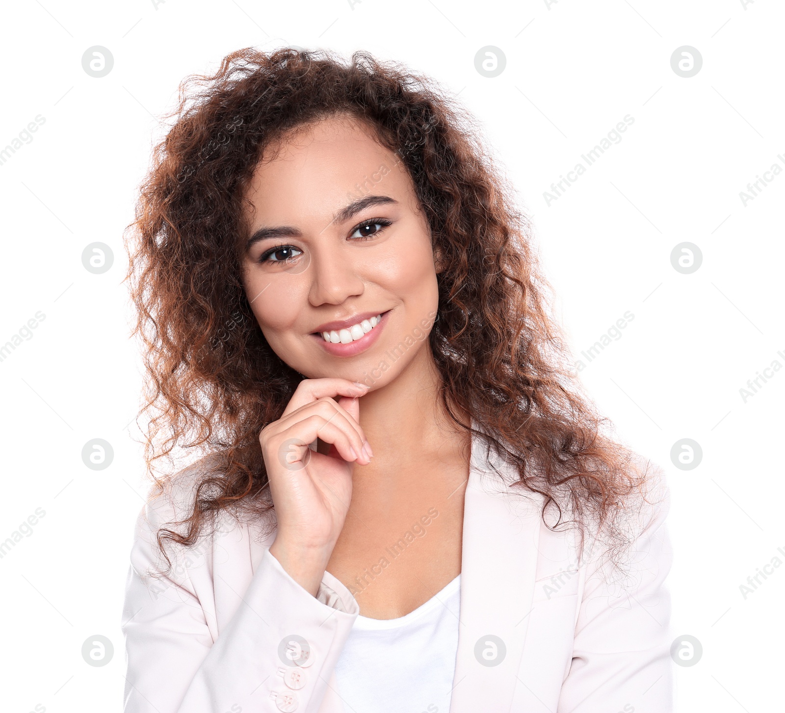 Photo of Young African-American woman with beautiful face on white background