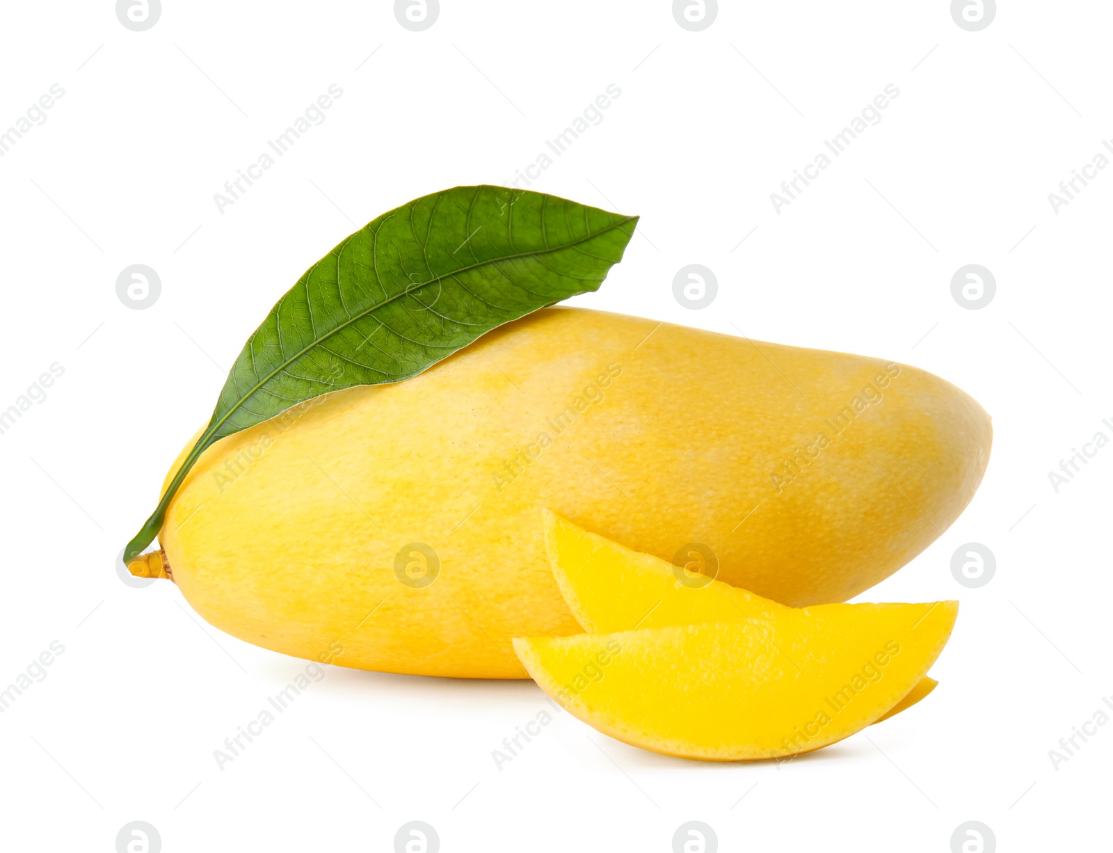 Photo of Fresh juicy mango and leaf isolated on white